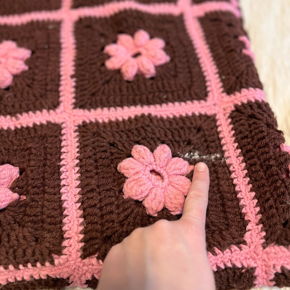 Handmade Crochet Blanket - Brown and Pink Floral - Picture 3 of 5
